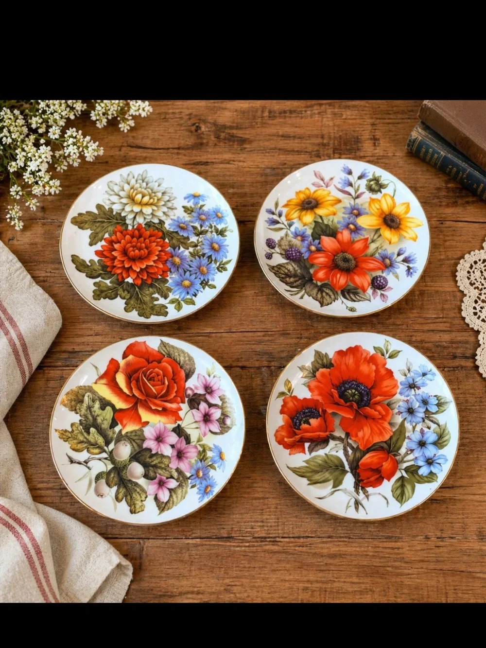 4 Vintage Floral Gold-Rim Porcelain Dessert Plates. Botanical | Vibrant | Cozy